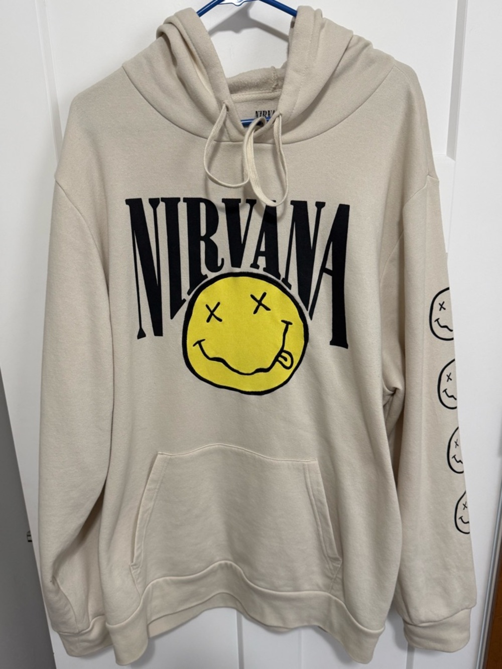 Nirvana Cream Graphic Hoodie with Yellow Smiley